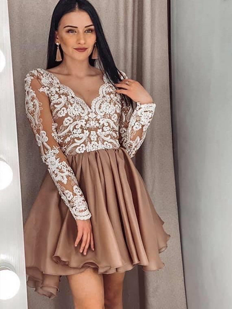 Long Sleeves V Neck Short Champagne Lace Prom Dresses, Short Champagne V Neck Lace Formal Homecoming Dresses