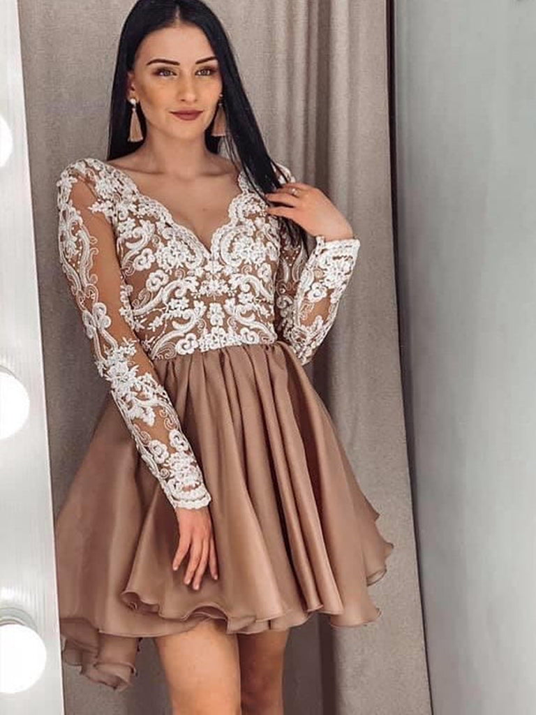 Long Sleeves V Neck Short Champagne Lace Prom Dresses, Short Champagne jbydress Long Sleeves V Neck Short Champagne Lace Prom Dresses, Short Champagne jbydress