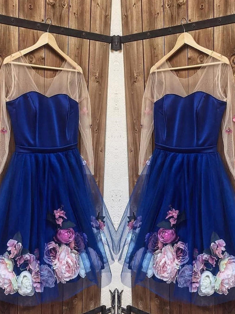 Long Sleeves 3D Floral Short Blue Prom Dresses, Short Blue Formal Grad jbydress Long Sleeves 3D Floral Short Blue Prom Dresses, Short Blue Formal Grad jbydress