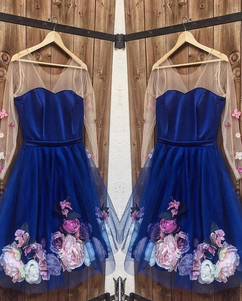 Long Sleeves 3D Floral Short Navy Blue Prom Dresses, Short Blue Formal Graduation Homecoming Dresses