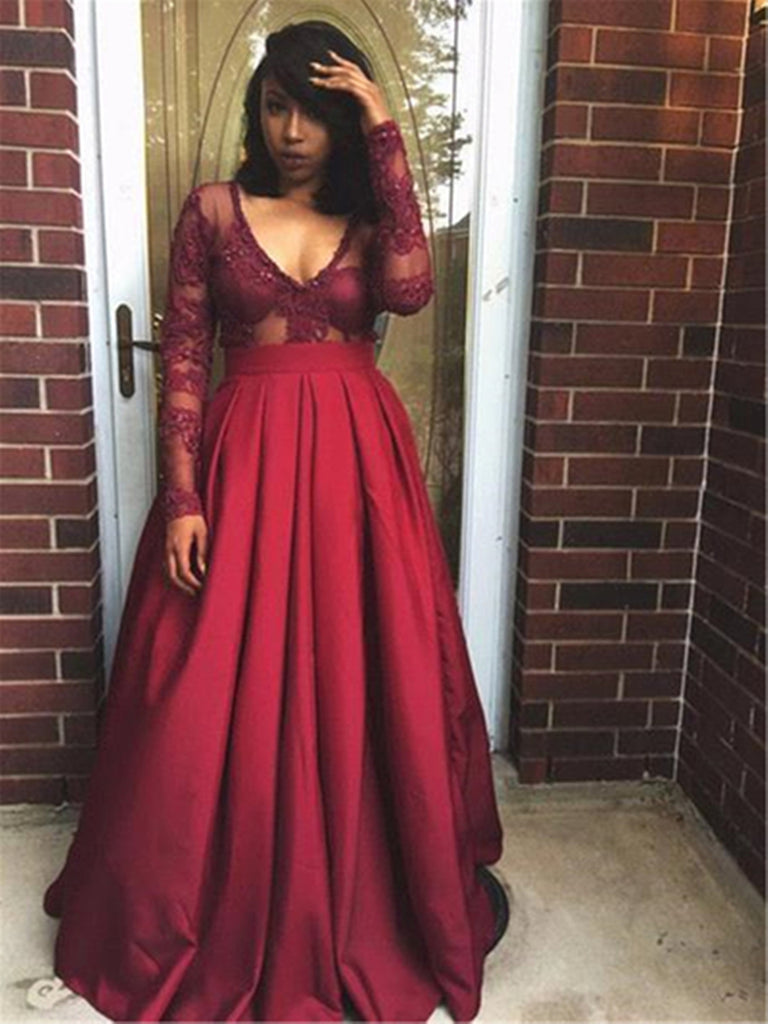 Long Sleeves Burgundy Lace Prom Dresses, Long Sleeves Wine Red V Neck jbydress Long Sleeves Burgundy Lace Prom Dresses, Long Sleeves Wine Red V Neck jbydress