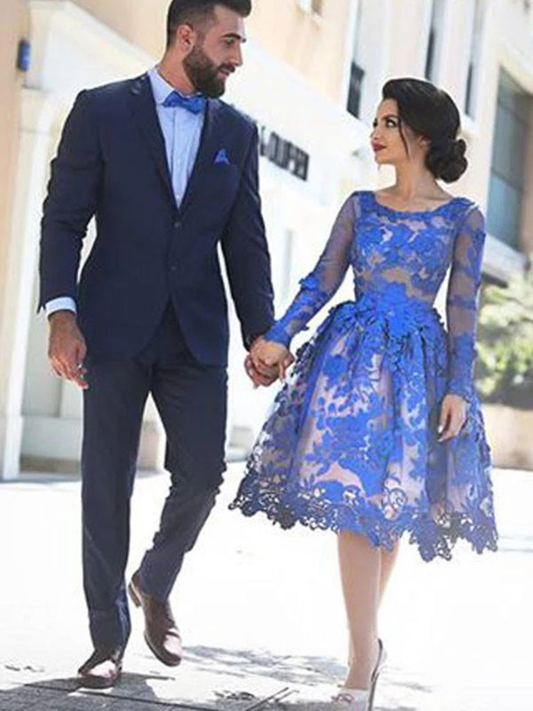 Long Sleeves Knee Length Short Blue Lace Prom Dresses, Knee Length Lon jbydress Long Sleeves Knee Length Short Blue Lace Prom Dresses, Knee Length Lon jbydress