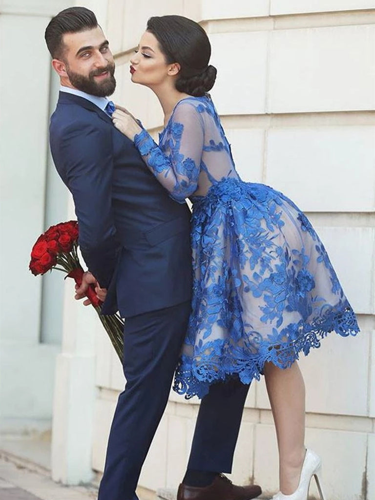 Long Sleeves Knee Length Short Blue Lace Prom Dresses, Knee Length Lon jbydress Long Sleeves Knee Length Short Blue Lace Prom Dresses, Knee Length Lon jbydress
