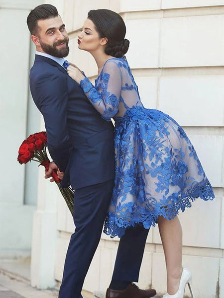 Long Sleeves Knee Length Short Blue Lace Prom Dresses, Knee Length Long Sleeves Blue Lace Formal Homecoming Dresses