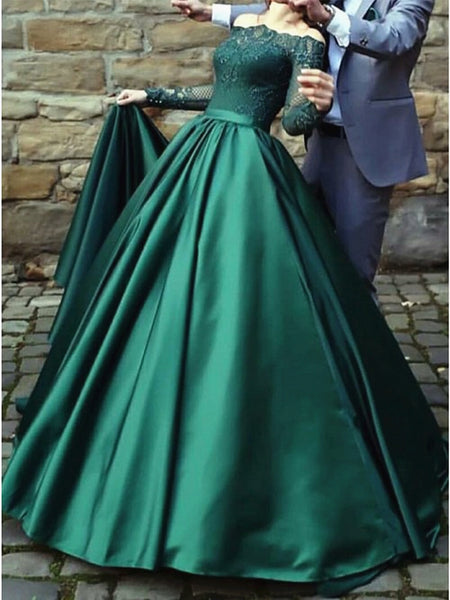 Long Sleeves Long Green Lace Prom Dresses, Emerald Green Lace Formal Evening Dresses
