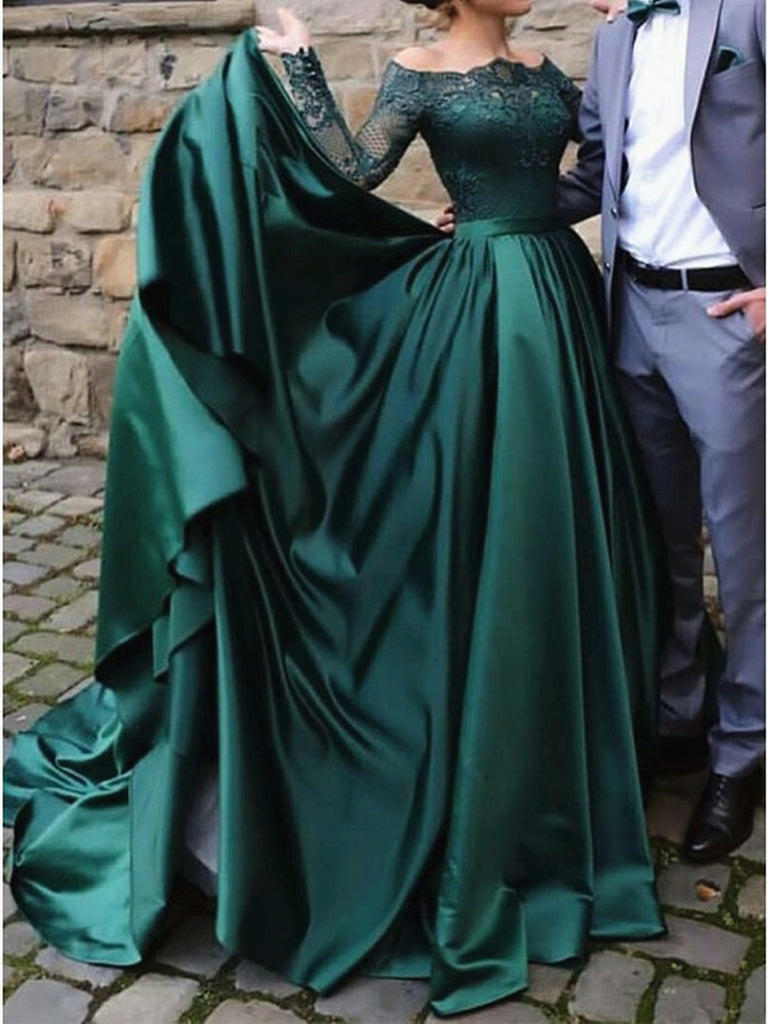Sexy Emerald Green Lace Prom Dresses Long Sleeves with Detachable Trai –  MyChicDress