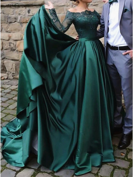 Long Sleeves Long Green Lace Prom Dresses, Emerald Green Lace Formal Evening Dresses