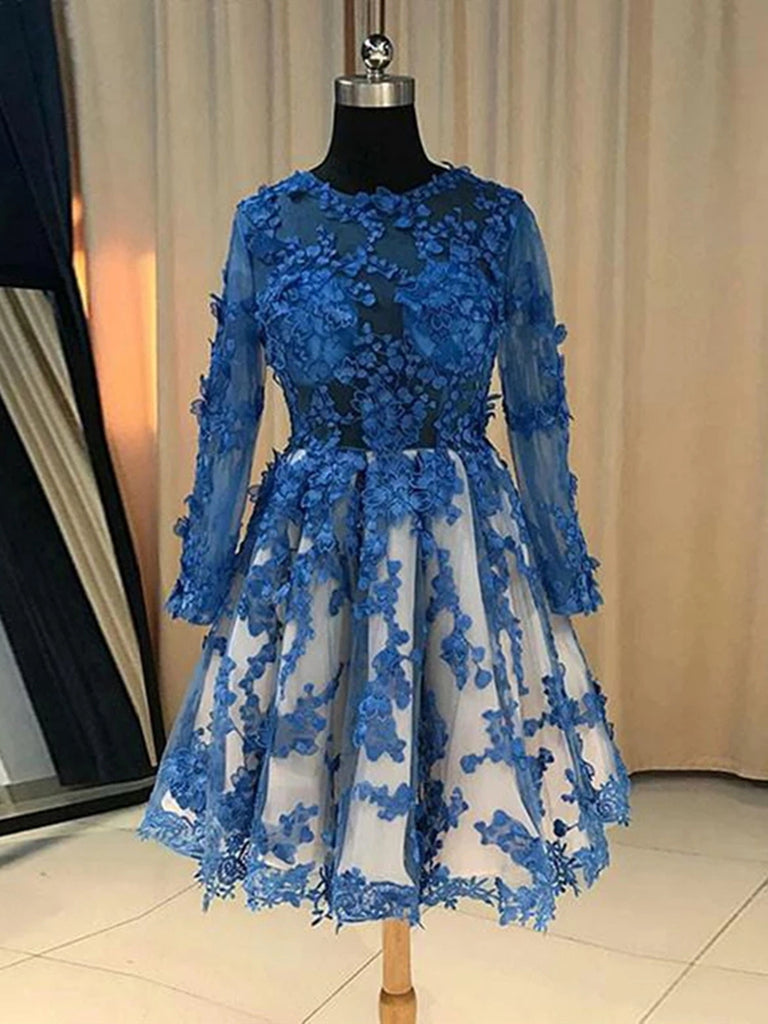 Long Sleeves Short Blue Lace Prom Dresses, Short Blue Lace Formal Home jbydress Long Sleeves Short Blue Lace Prom Dresses, Short Blue Lace Formal Home jbydress