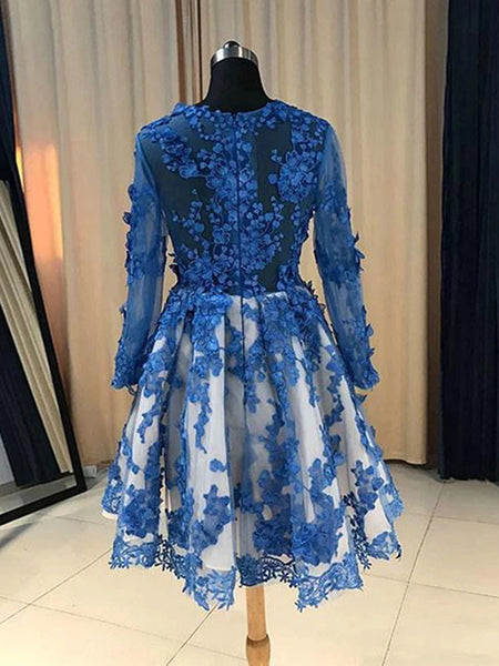 Long Sleeves Short Blue Lace Prom Dresses, Short Blue Lace Formal Home ...