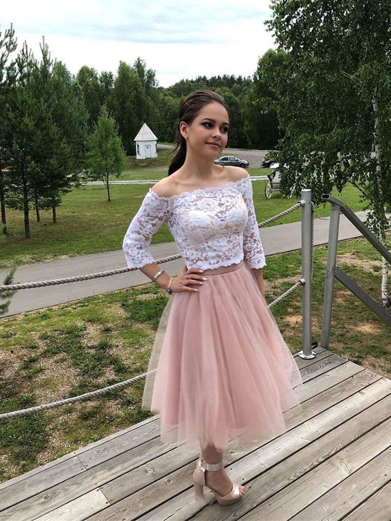 Long Sleeves Short Lace Prom Dress, Long Sleeves White Lace Formal Graduation Homecoming Dresses