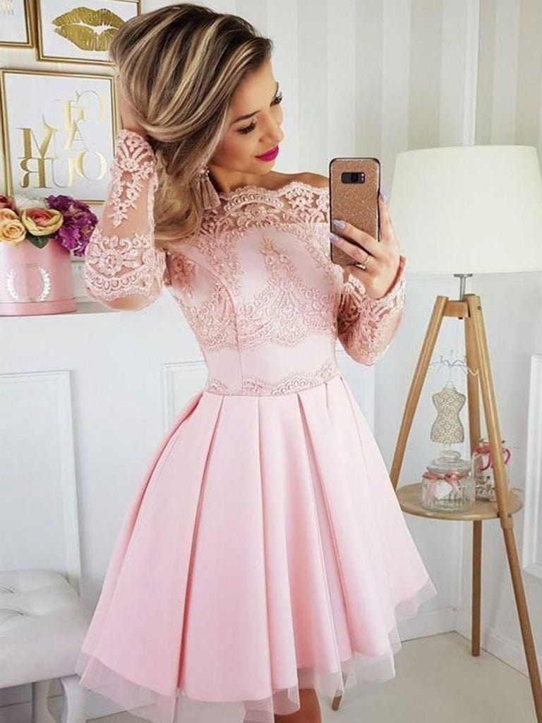 Long Sleeves Short Pink Lace Prom Dresses, Short Pink Lace Formal Homecoming Dresses