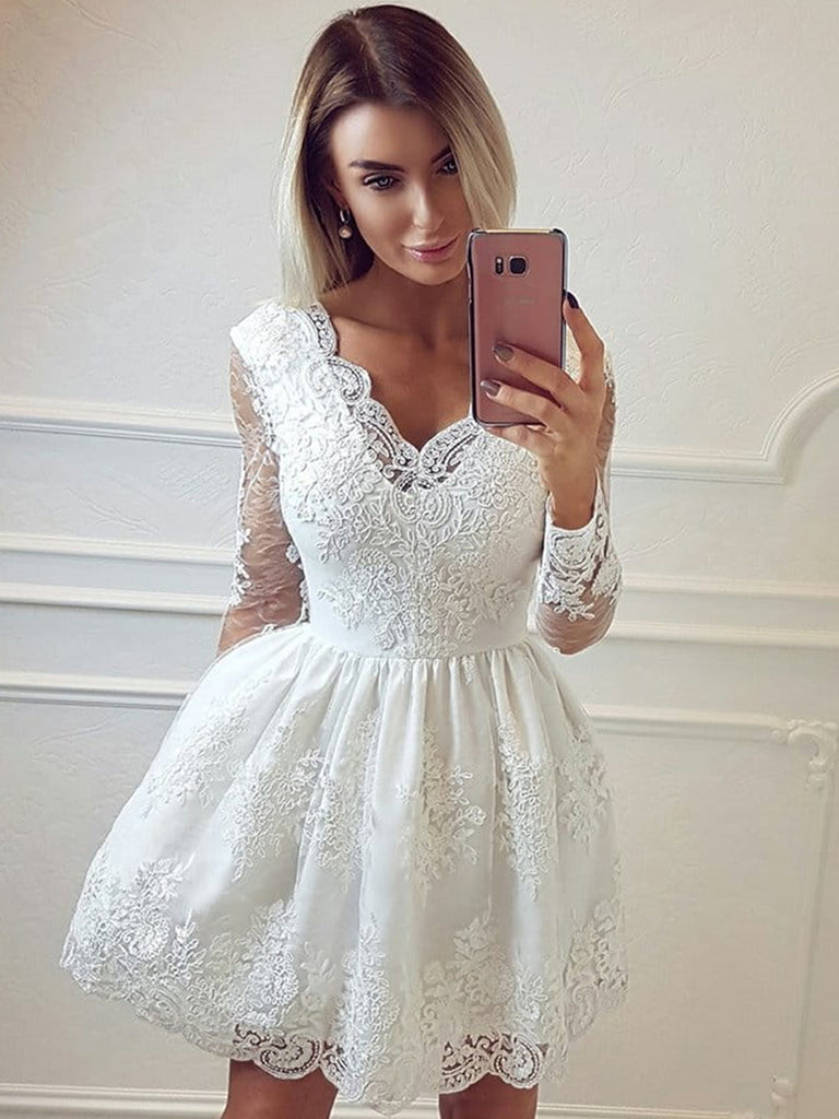Long Sleeves Short White Lace Prom Dresses, Long Sleeves Short White L jbydress Long Sleeves Short White Lace Prom Dresses, Long Sleeves Short White L jbydress