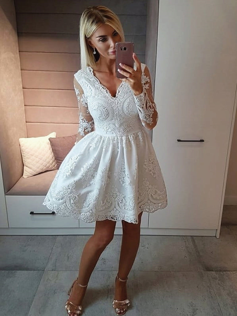 Long Sleeves Short White Lace Prom Dresses, Long Sleeves Short White L jbydress Long Sleeves Short White Lace Prom Dresses, Long Sleeves Short White L jbydress