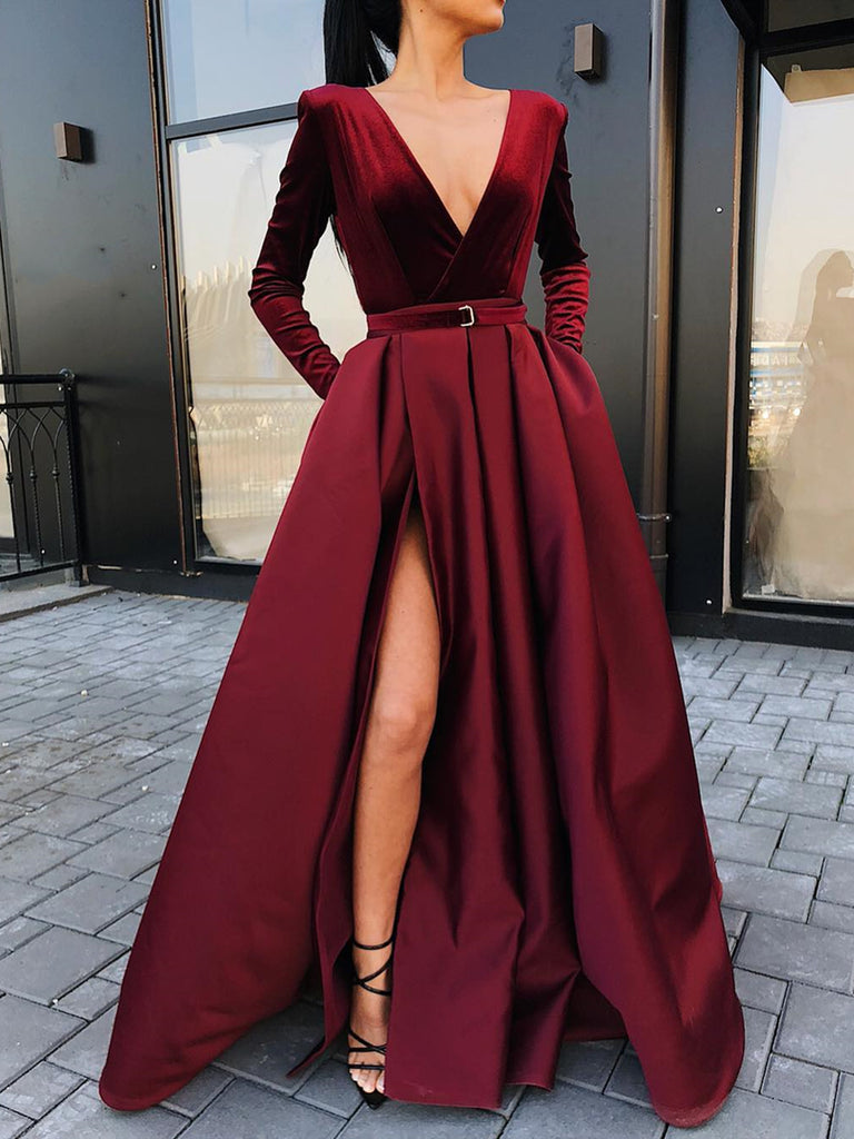 Long Sleeves V Neck Burgundy/ Black Prom Dress with High Slit