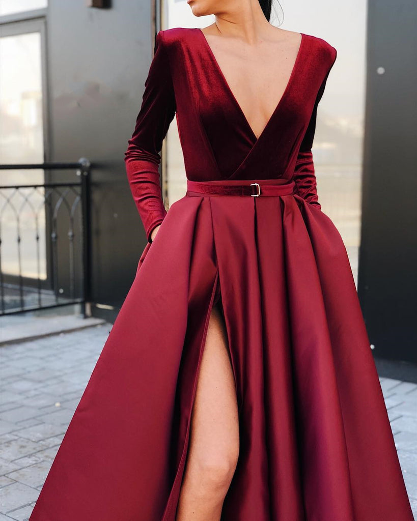 Long Sleeves V Neck Burgundy/ Black Prom Dress with High Slit, Burgund jbydress Long Sleeves V Neck Burgundy/ Black Prom Dress with High Slit, Burgund jbydress