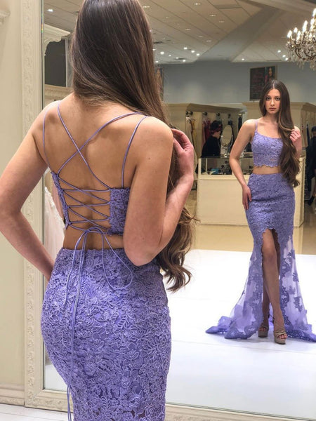 Mermaid 2 Pieces Purple Lace Prom Dresses, Two Pieces Purple Lace Mermaid Formal Evening Dresses