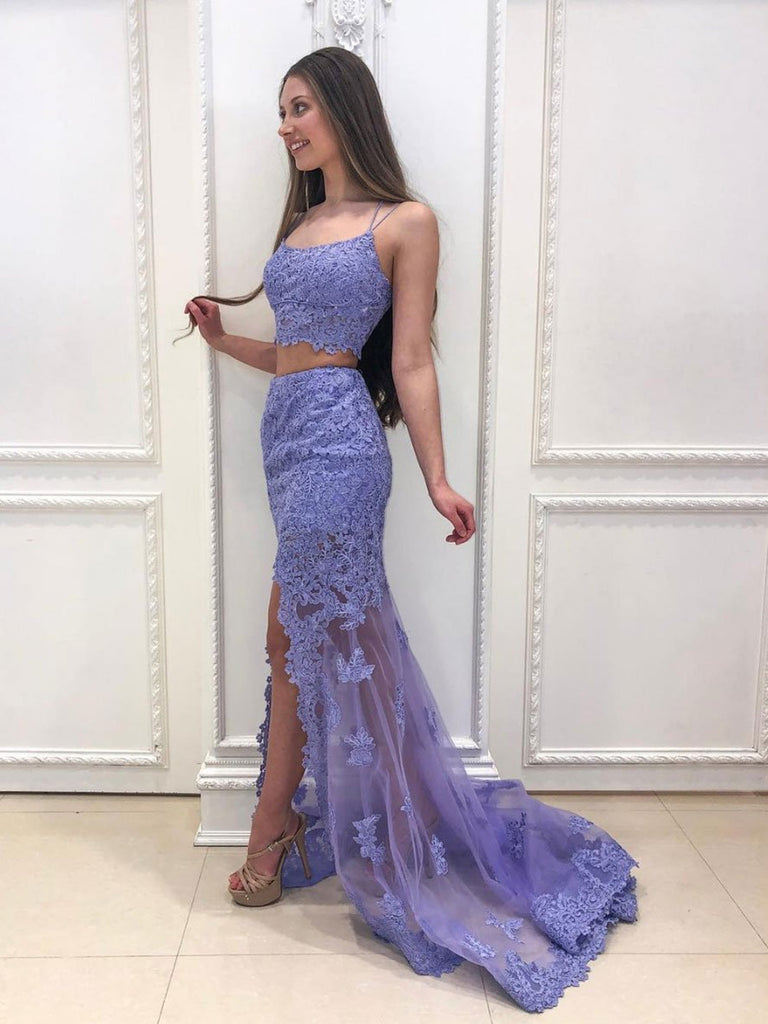 Mermaid 2 Pieces Purple Lace Prom Dresses, Two Pieces Purple Lace Mermaid Formal Evening Dresses