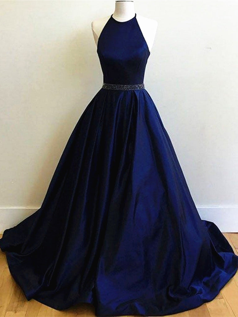Round Neck Navy Blue Prom Dress with Sweep Train, Navy Blue Formal Dress