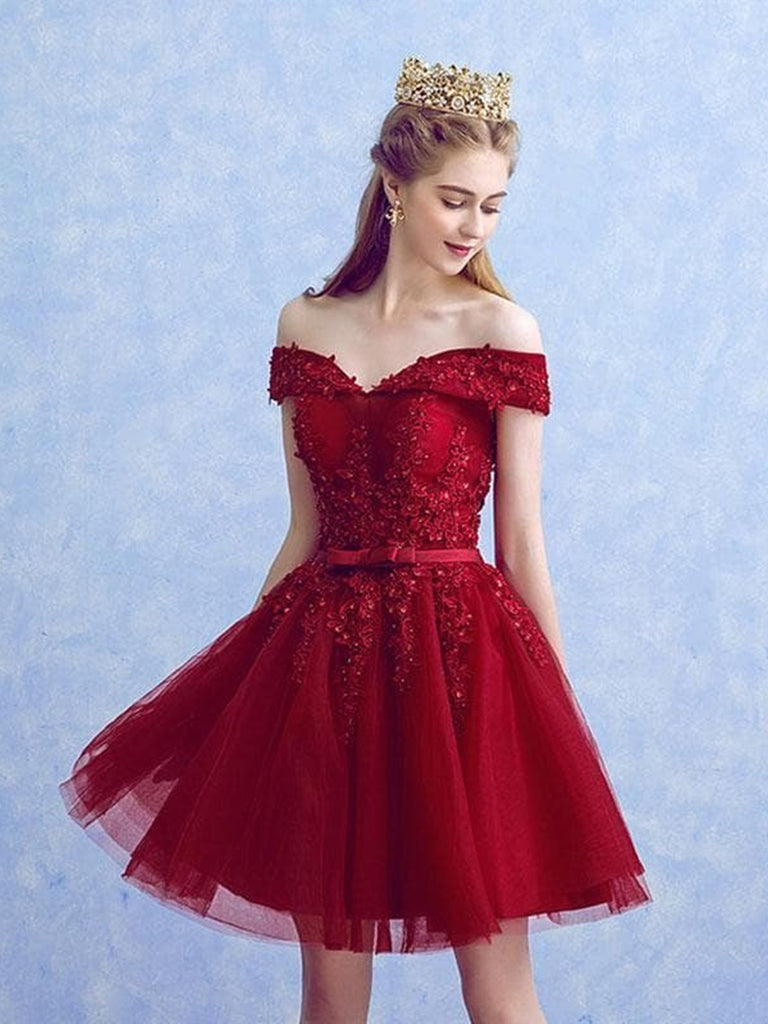 Off Shoulder Short Burgundy Lace Prom Dresses, Short Burgundy Lace