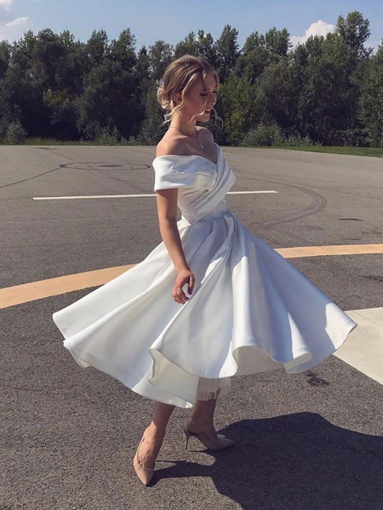 Off Shoulder Short White Satin Prom Dresses, Off the Shoulder White Sh – jbydress Off Shoulder Short White Satin Prom Dresses, Off the Shoulder White Sh – jbydress