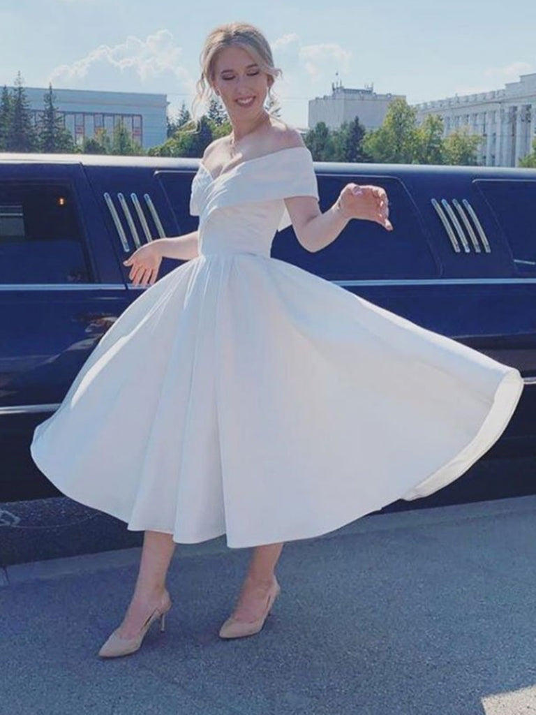 Off Shoulder Short White Satin Prom Dresses, Off the Shoulder White Sh jbydress Off Shoulder Short White Satin Prom Dresses, Off the Shoulder White Sh jbydress
