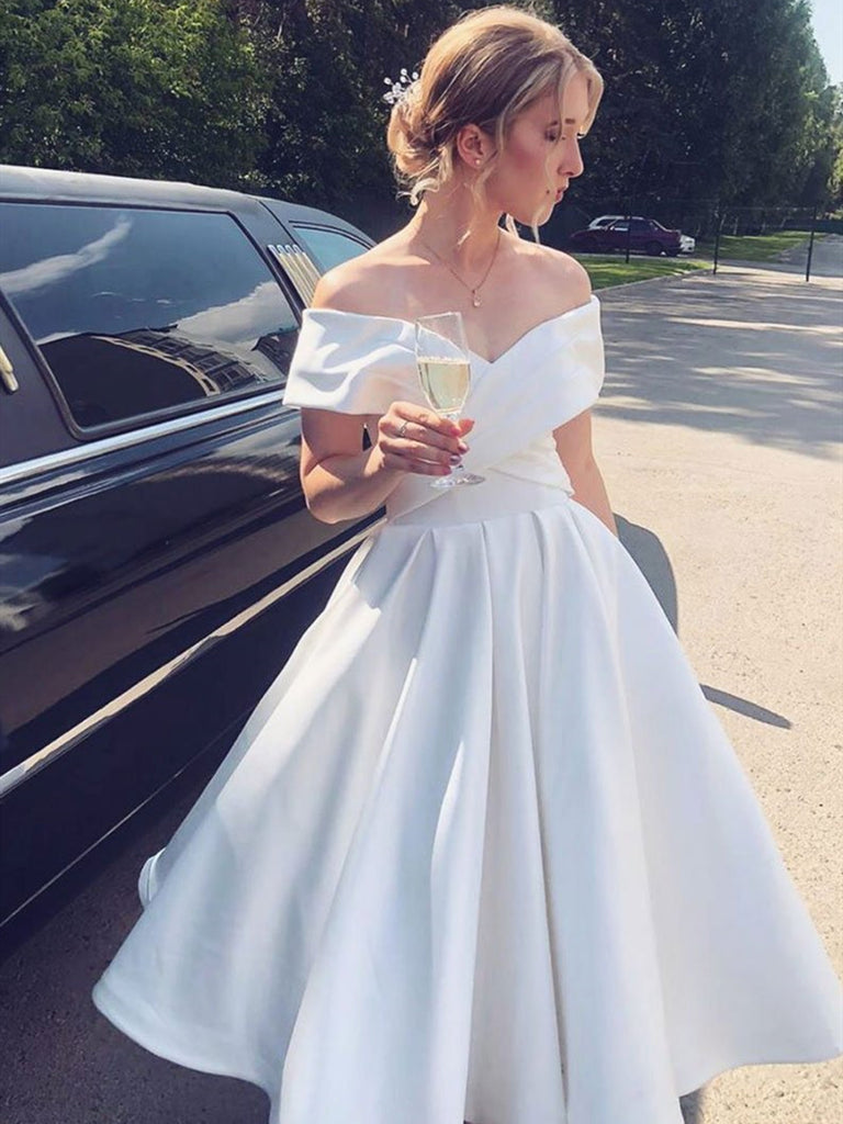 Off Shoulder Short White Satin Prom Dresses, Off the Shoulder White Sh jbydress Off Shoulder Short White Satin Prom Dresses, Off the Shoulder White Sh jbydress