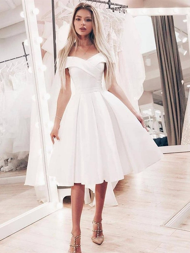 Off Shoulder White Knee Length Prom Dresses, Off the Shoulder White Kn –  jbydress