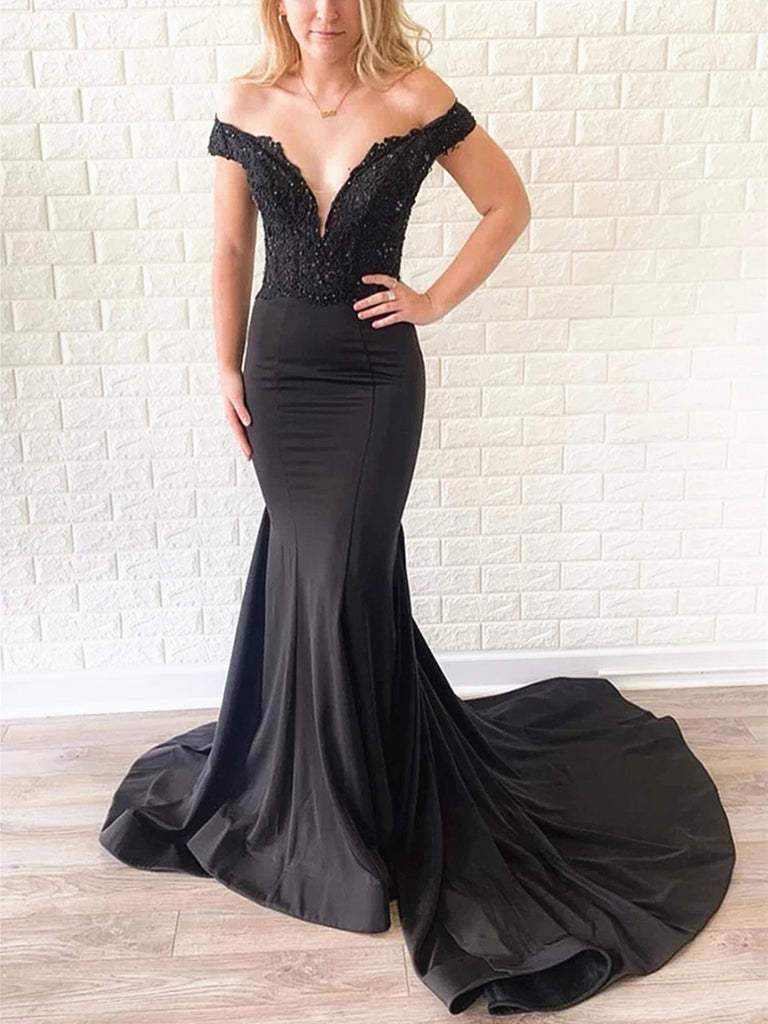 Off Shoulder Black Lace Prom Dresses, Off the Shoulder Black Lace Merm jbydress Off Shoulder Black Lace Prom Dresses, Off the Shoulder Black Lace Merm jbydress