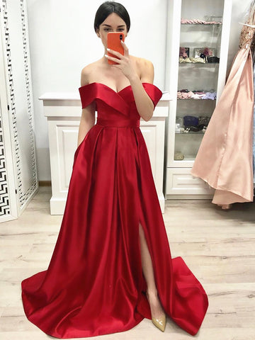 Off Shoulder Red Prom Dress with leg Slit, Red Off the Shoulder Formal Evening Dresses