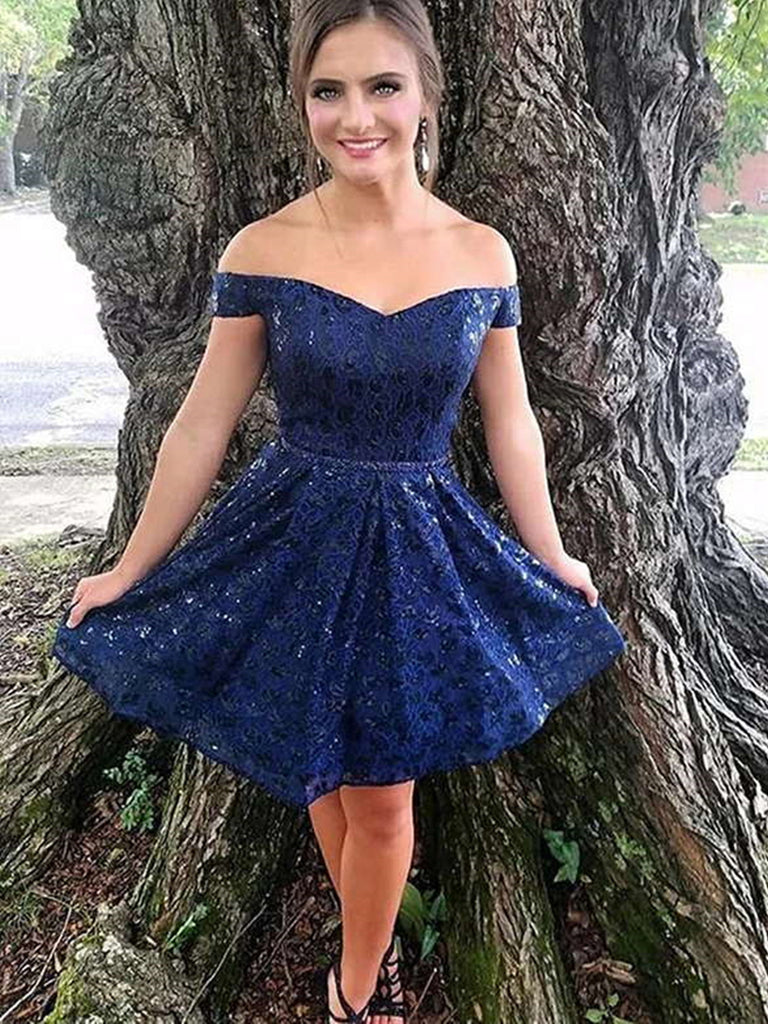 Off Shoulder Short Navy Blue Lace Prom Dresses, Short Navy Blue Lace Formal Homecoming Dresses