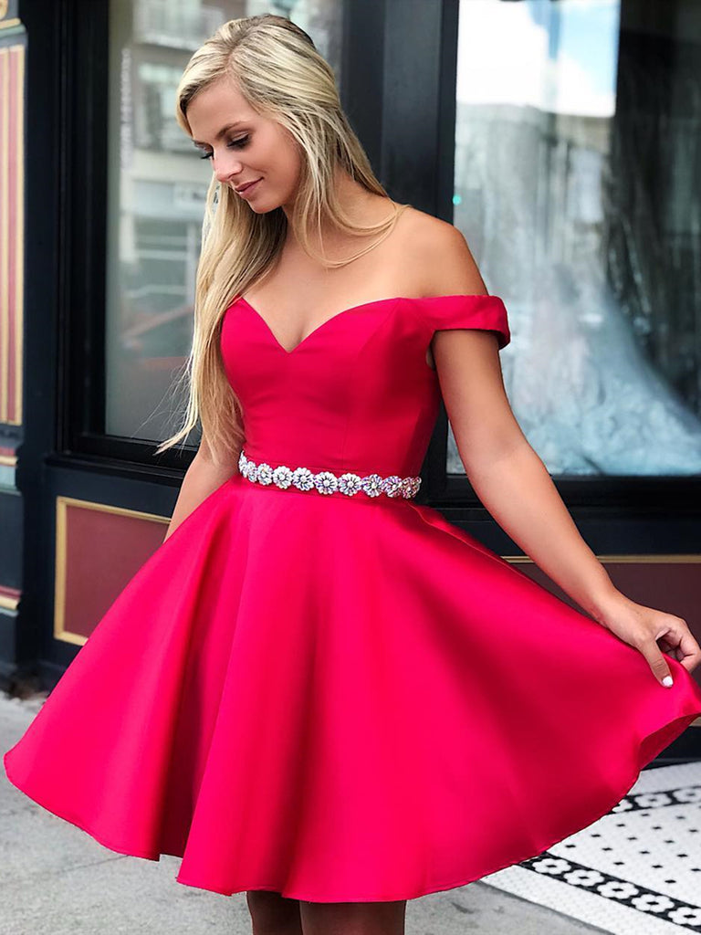 Off Shoulder Short Pink Prom Dresses, Pink Off the Shoulder Short