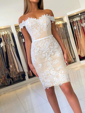 Off The Shoulder Short Champagne Lace Prom Dresses, Off Shoulder Short Champagne Lace Formal Graduation Dresses