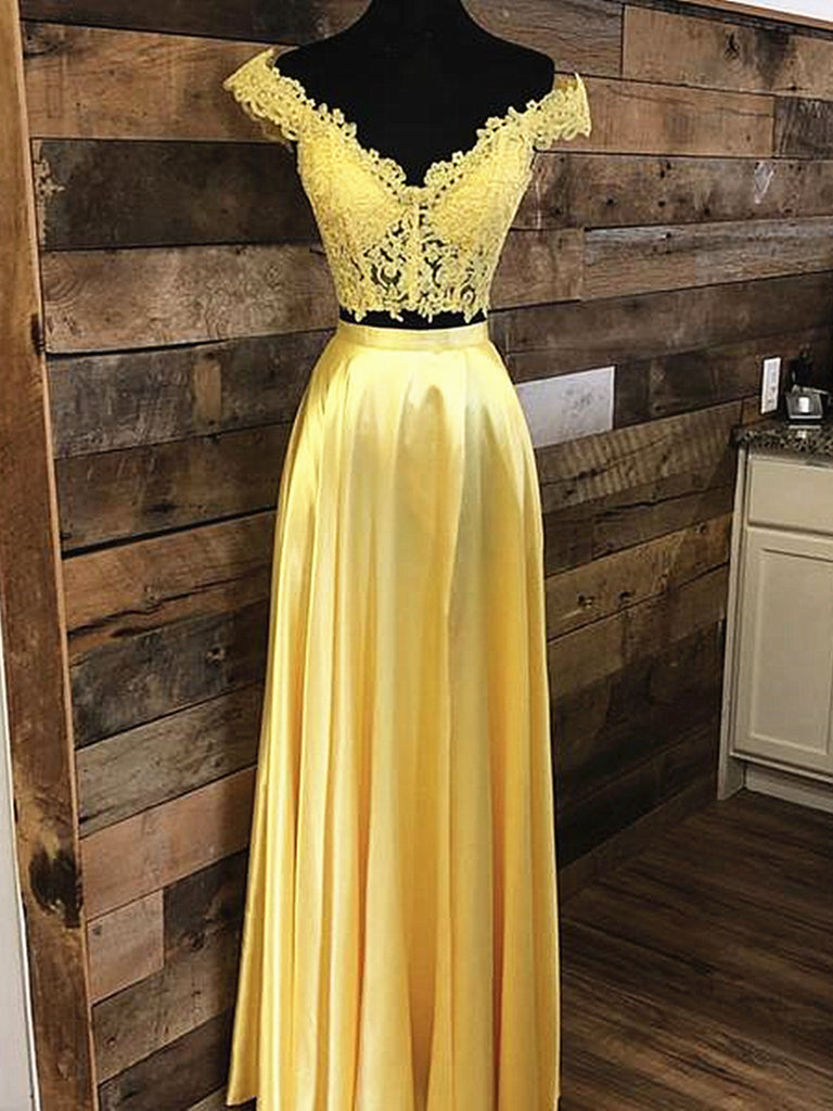 Off the Shoulder 2 Pieces Yellow Lace Prom Dresses, Two Pieces Off Shoulder Yellow Lace Formal Evening Dresses