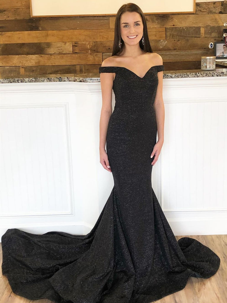 Off the Shoulder Black Mermaid Prom Dresses with Train, Off the Should jbydress Off the Shoulder Black Mermaid Prom Dresses with Train, Off the Should jbydress