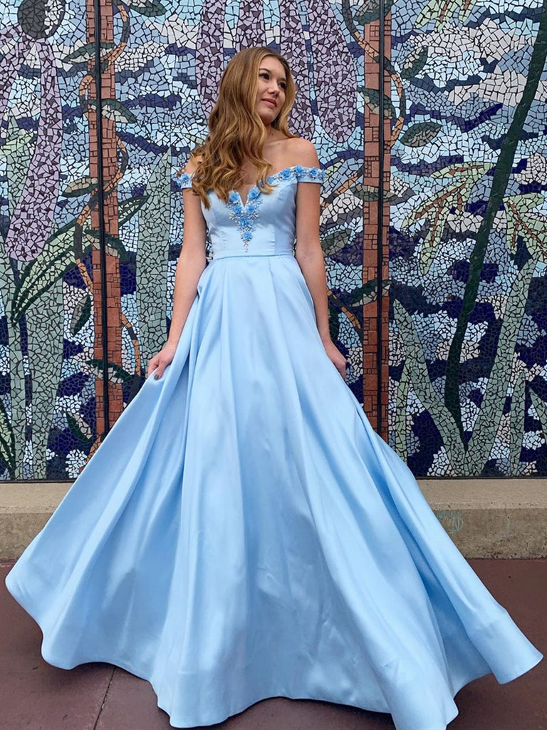 Off the Shoulder Blue 3D Flower Long Prom Dresses, Blue Off Shoulder 3 jbydress Off the Shoulder Blue 3D Flower Long Prom Dresses, Blue Off Shoulder 3 jbydress