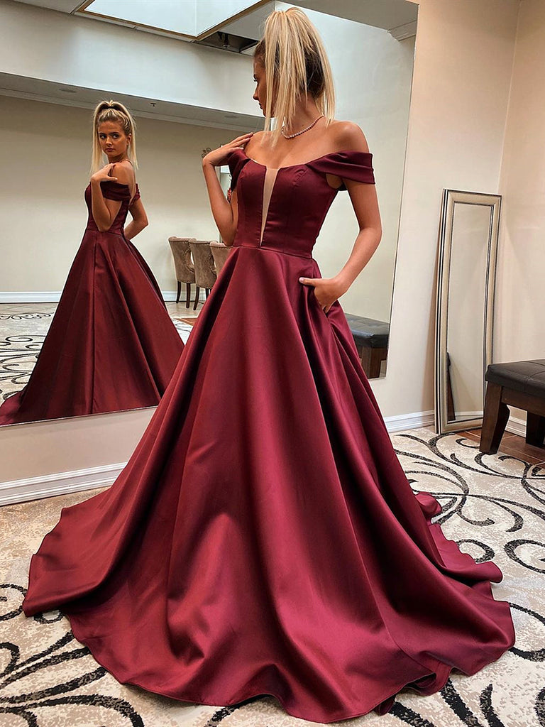 Off the Shoulder Burgundy Prom Dresses, Wine Red Long Formal Evening Dresses