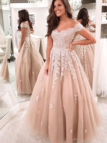 Off the Shoulder Champagne Lace Wedding Dresses, Champagne Lace Formal Prom Dresses