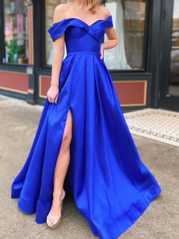 Off the Shoulder Long Blue Prom Dresses with leg Slit, Off Shoulder Blue Formal Evening Dresses