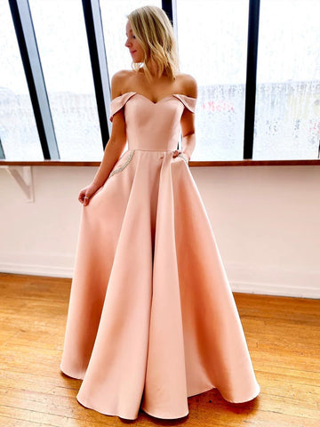 women's light pink off the shoulder dress for prom A Line Waist women's light pink off the