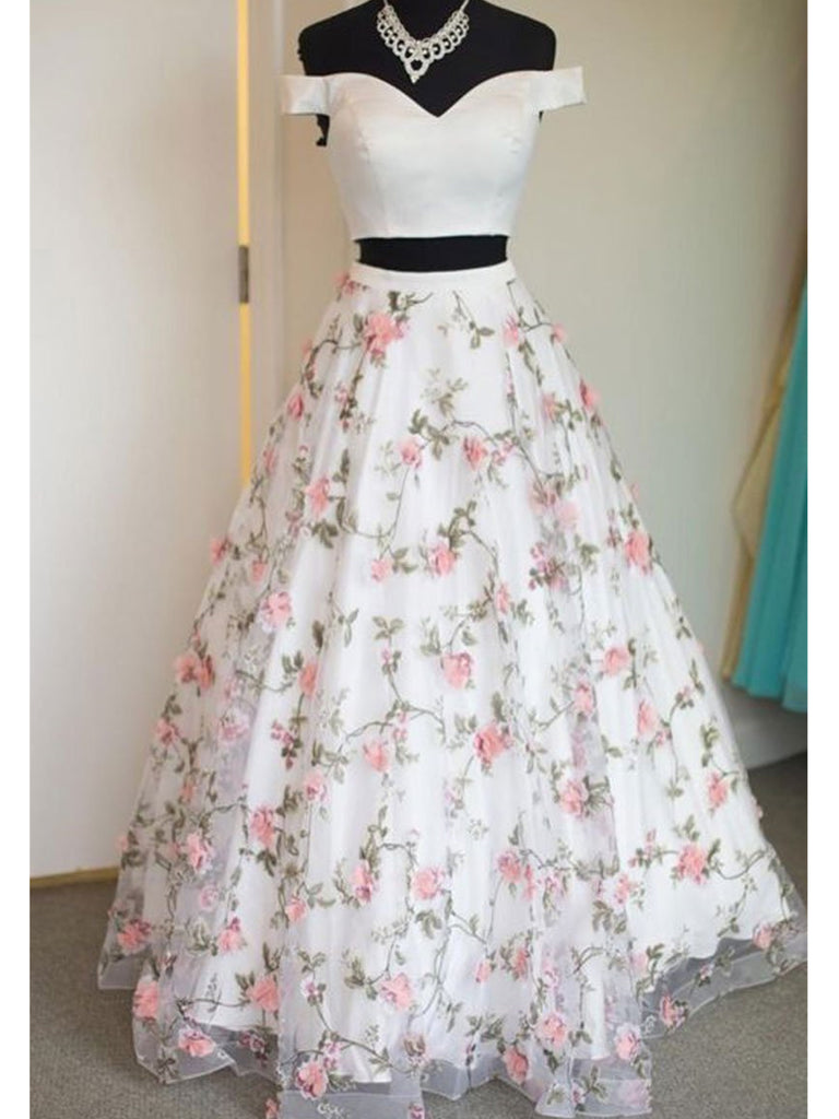 Off the Shoulder White Floral Prom Dresses, Off Shoulder White 3D Flow jbydress Off the Shoulder White Floral Prom Dresses, Off Shoulder White 3D Flow jbydress