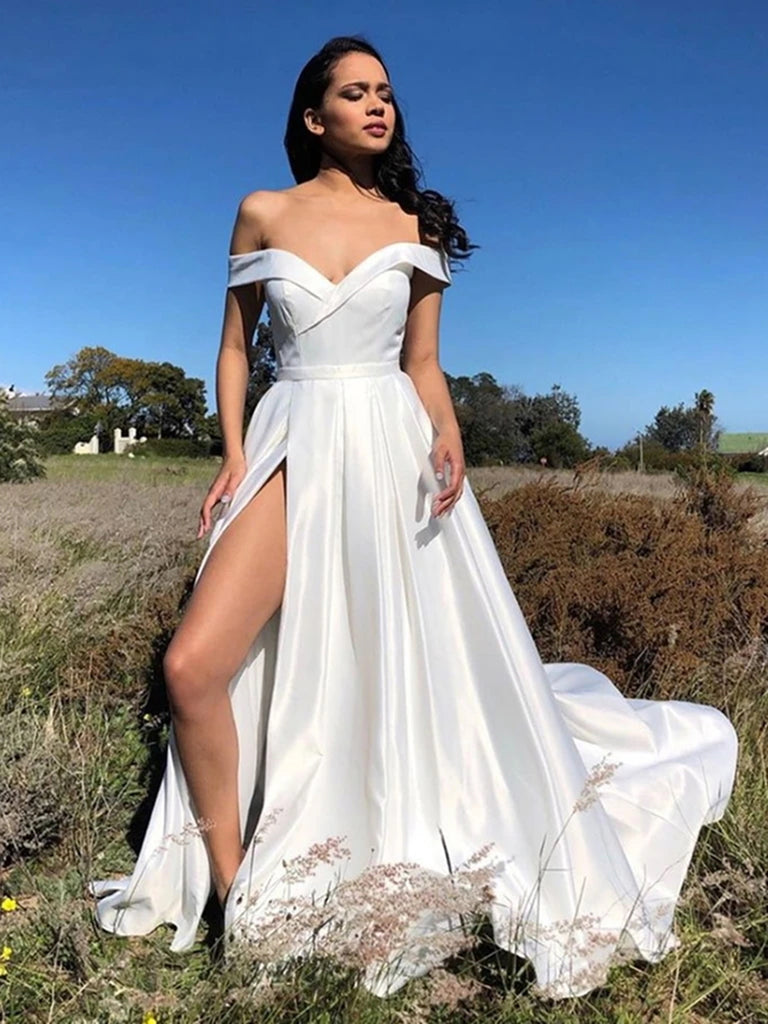 Off the Shoulder White Satin Long Prom Dresses, Off Shoulder White Lon jbydress Off the Shoulder White Satin Long Prom Dresses, Off Shoulder White Lon jbydress