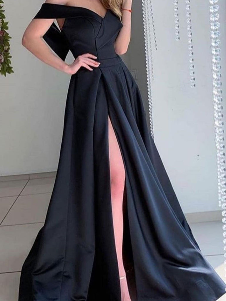 Off the Shoulder Black Satin Long Prom Dresses, Black Off Shoulder Lon jbydress Off the Shoulder Black Satin Long Prom Dresses, Black Off Shoulder Lon jbydress