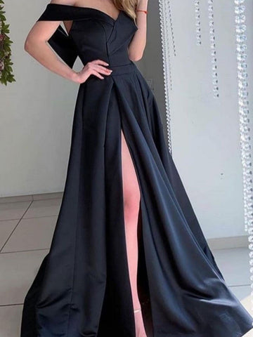 Off the Shoulder Black Satin Long Prom Dresses, Black Off Shoulder Long Formal Evening Dresses