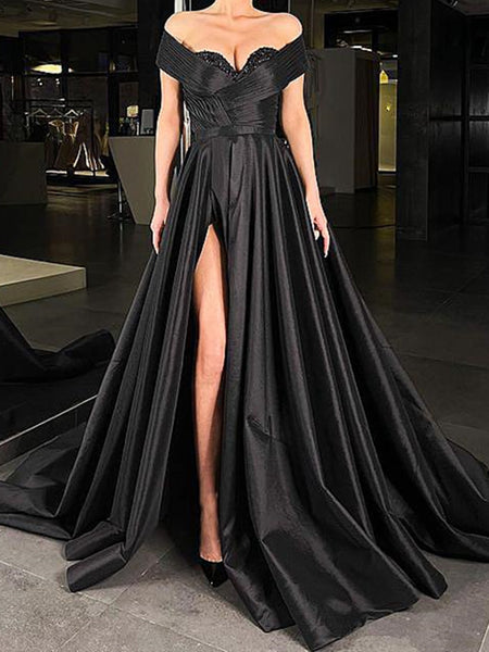 Off the Shoulder Black Satin Long Prom Dresses, Black Off Shoulder Sat