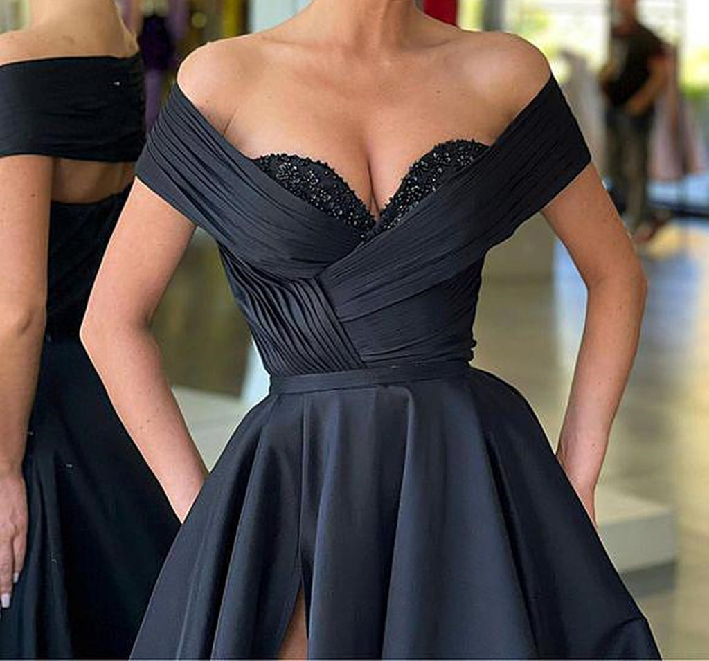 Off the Shoulder Black Satin Long Prom Dresses, Black Off Shoulder Sat jbydress Off the Shoulder Black Satin Long Prom Dresses, Black Off Shoulder Sat jbydress