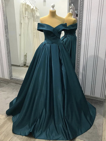 Off the Shoulder Blue-Green Prom Gown, Off Shoulder Satin Formal Evening Gown