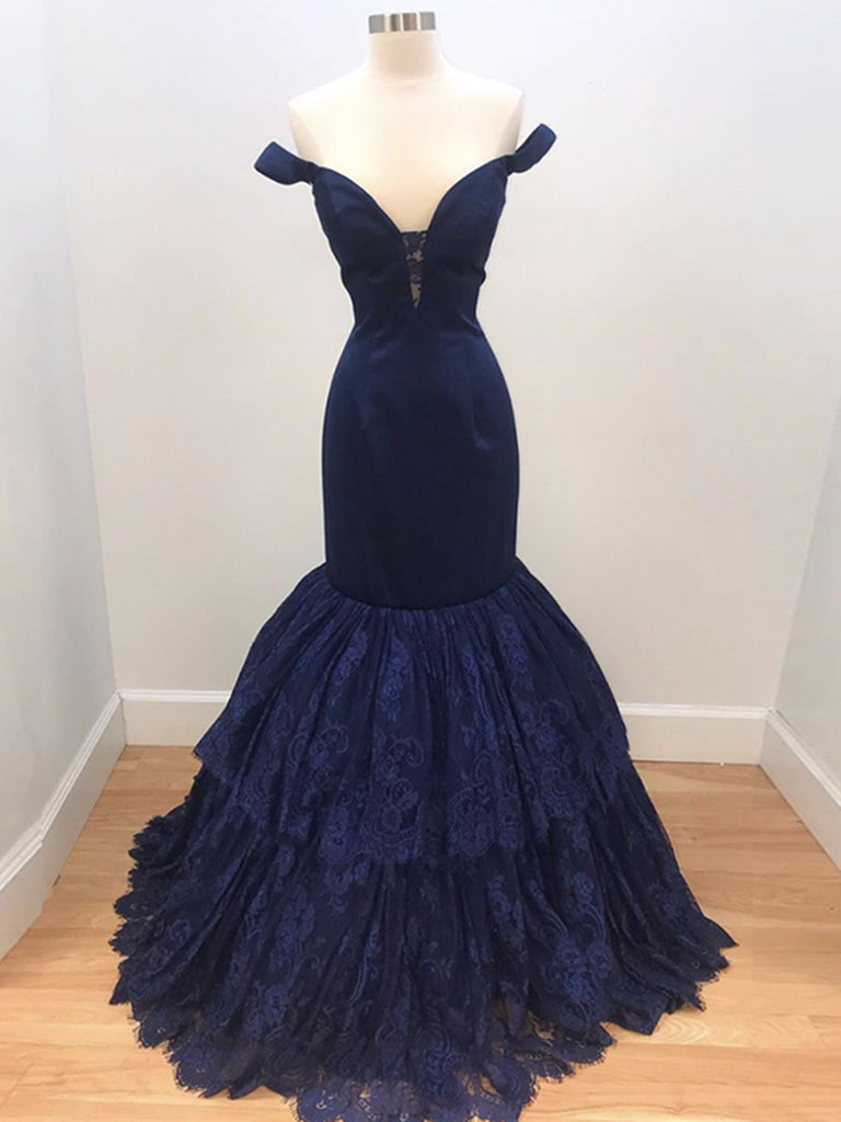 Off the Shoulder Blue Mermaid Lace Prom Dresses, Navy Blue Mermaid Lace Formal Evening Dresses
