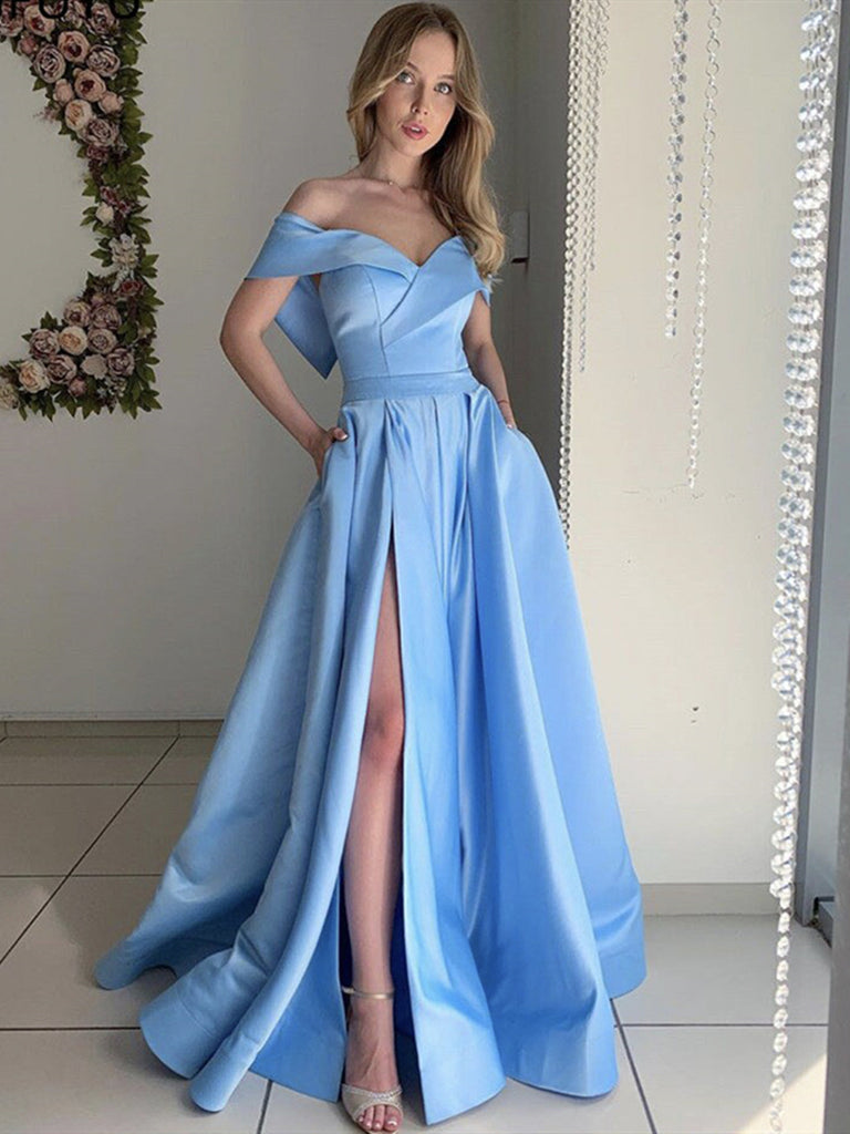 Off the Shoulder Blue Satin Long Prom Dresses, Off Shoulder Blue Long Formal Evening Dresses