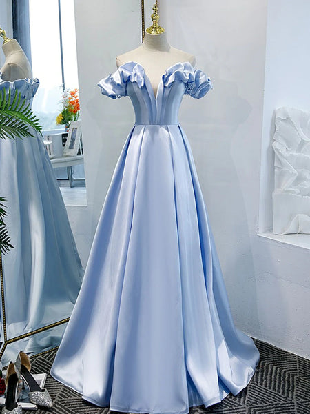 Off the Shoulder Blue Satin Long Prom Dresses, Off Shoulder Blue Formal Graduation Dresses