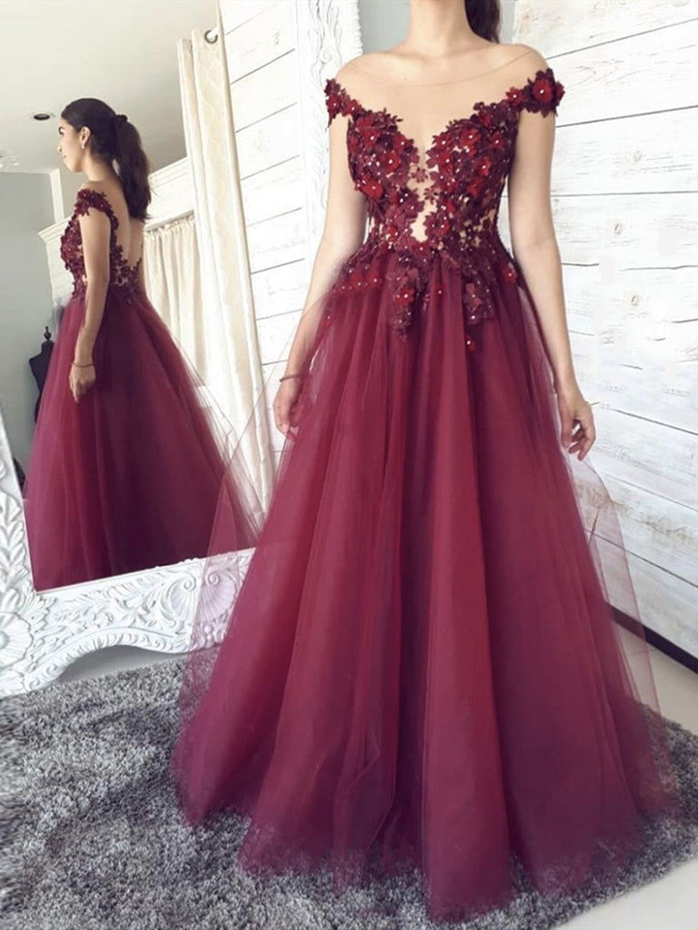 Off the Shoulder Burgundy Lace Floral Prom Evening Dresses, Wine Red L jbydress Off the Shoulder Burgundy Lace Floral Prom Evening Dresses, Wine Red L jbydress